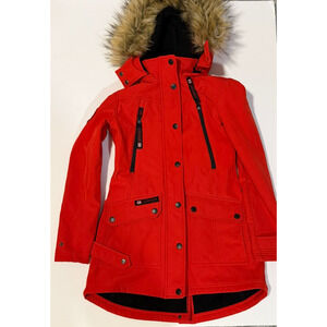 Canada Weather Gear Womens Red Hooded Parka Faux Fur Trim Jacket Size Small